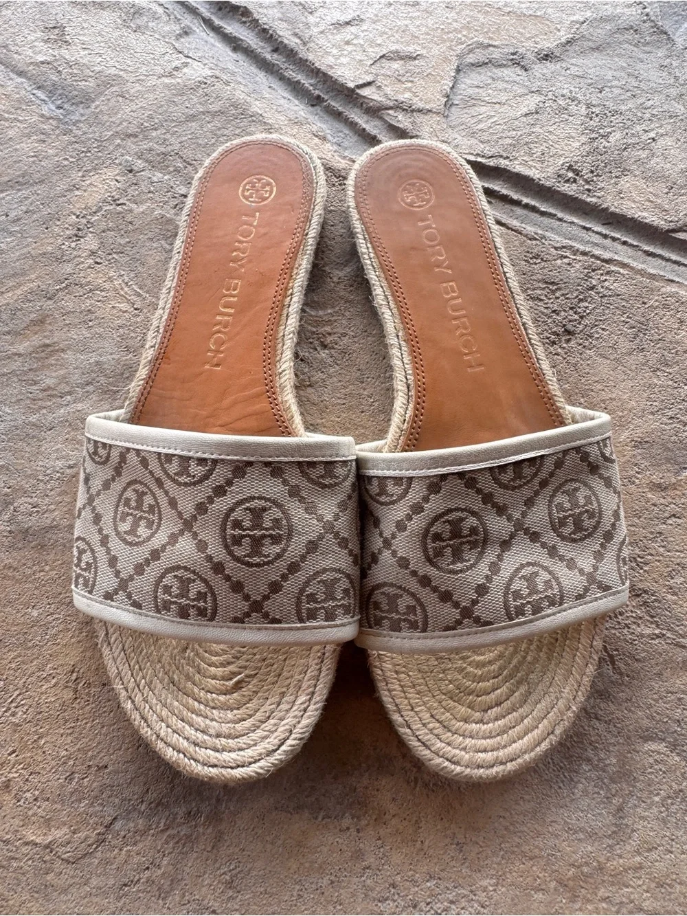 Tory Burch T Monogram Jacquard Espadrille Slide Sandals Beige Size 9M
